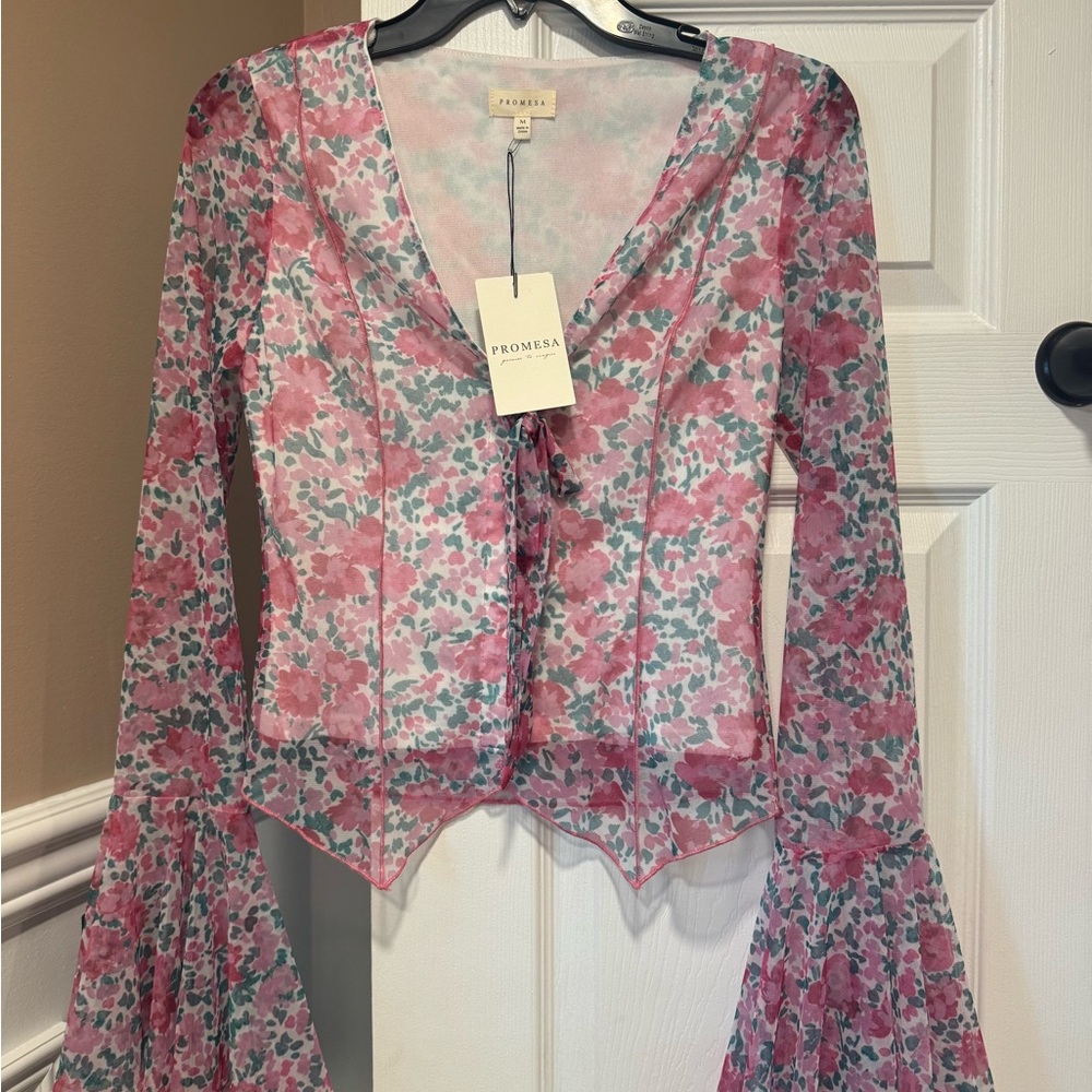 Promesa Sheer Pink Floral Blouse - Size Medium